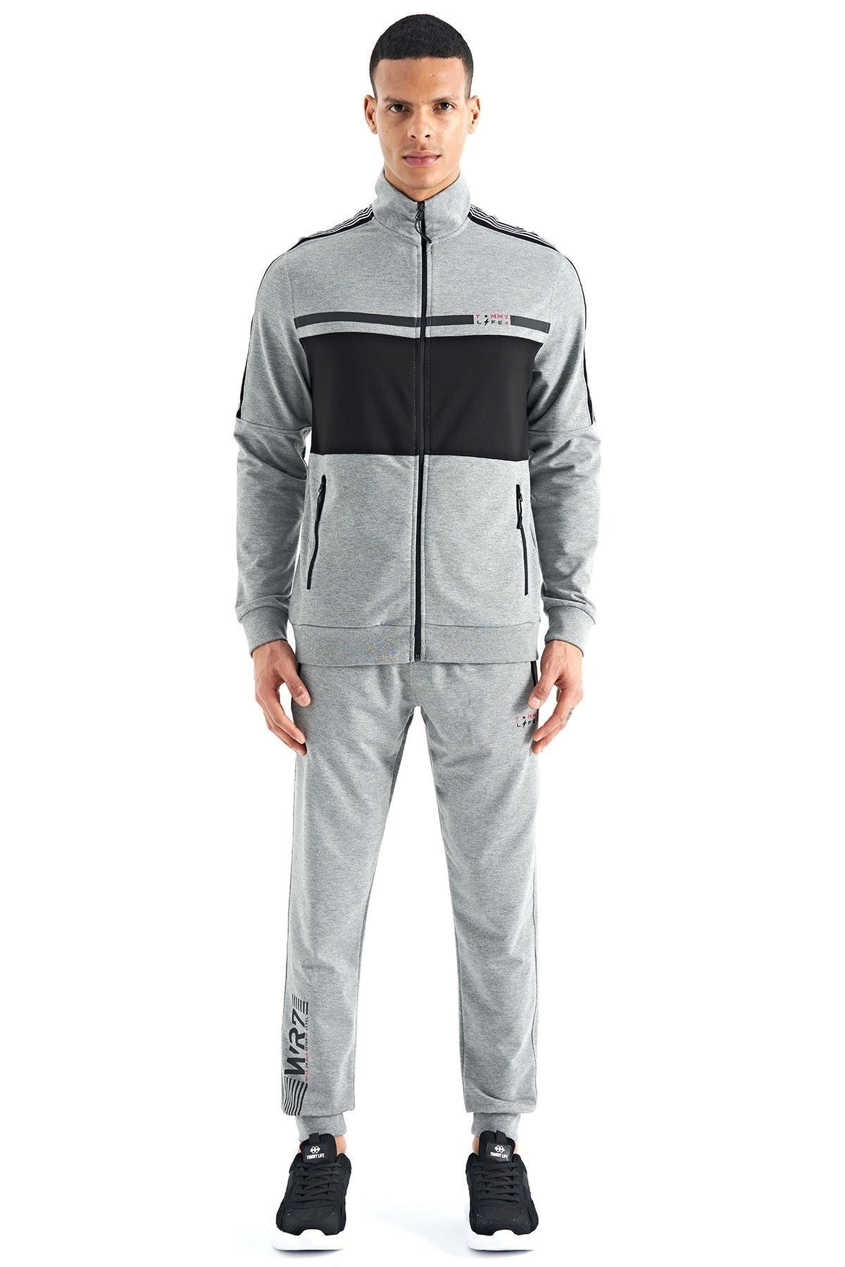 Tommy Life Gray Melange Color Blocked Zipper Pocket Printed