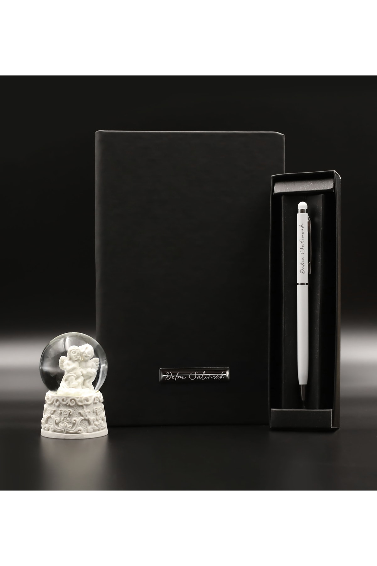 Father's Day Personalized Black Notebook & Metal Touchpen Pen & Luminous Snow Globe Gift Set