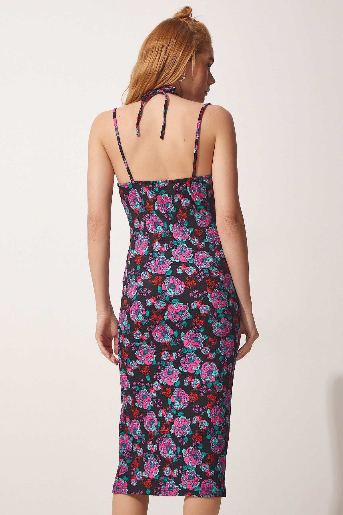 Happiness İstanbul-Rochie tricotată de vară cu flori neagră roz pentru femei DP00182 4