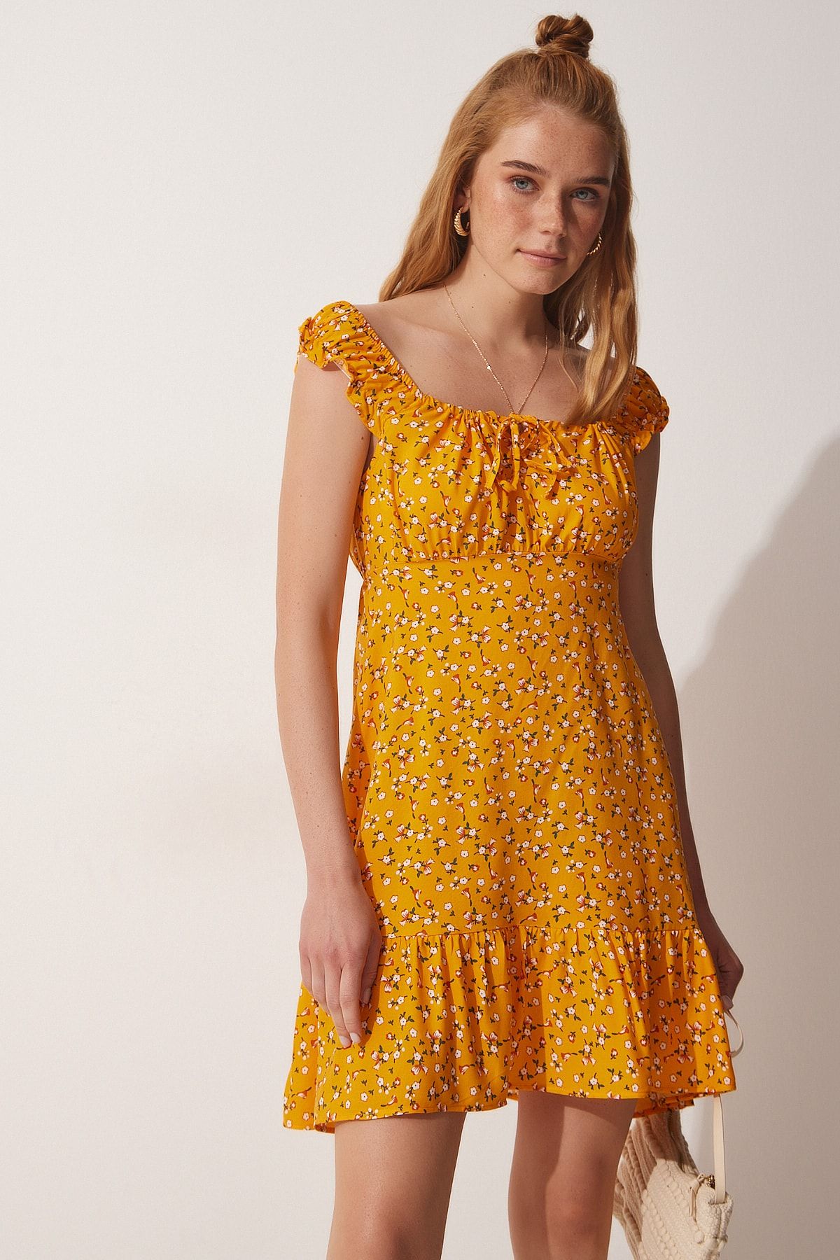Happiness stanbul Women s Orange Floral Summer Gathered Viscose
