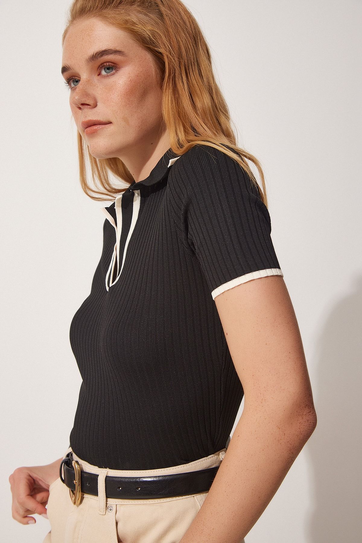 Happiness İstanbul Women #39 s Black Polo Neck Corded Summer Knitwear