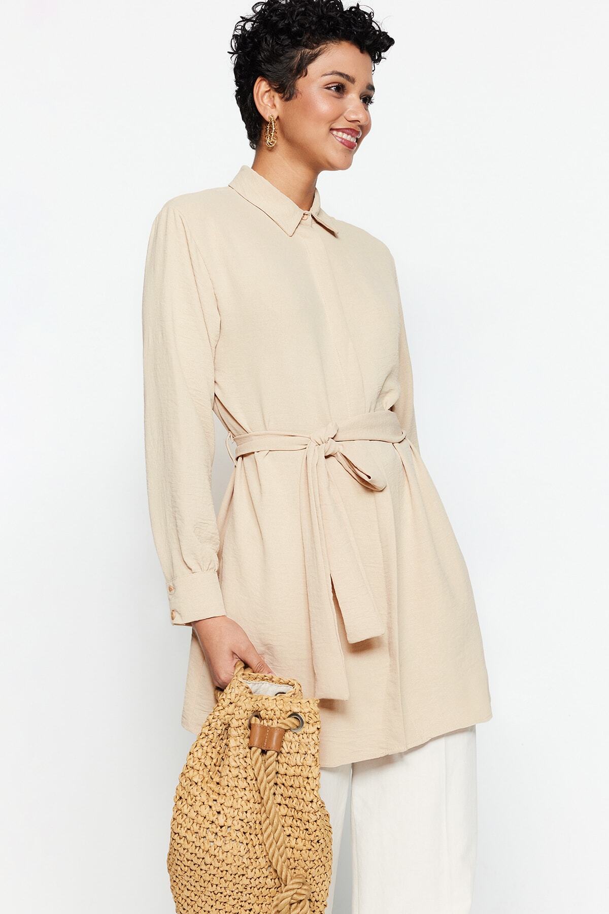 Trendyol Modest-Stone Belted Hidden Placket Woven Shirt TCTSS21TN0049 3
