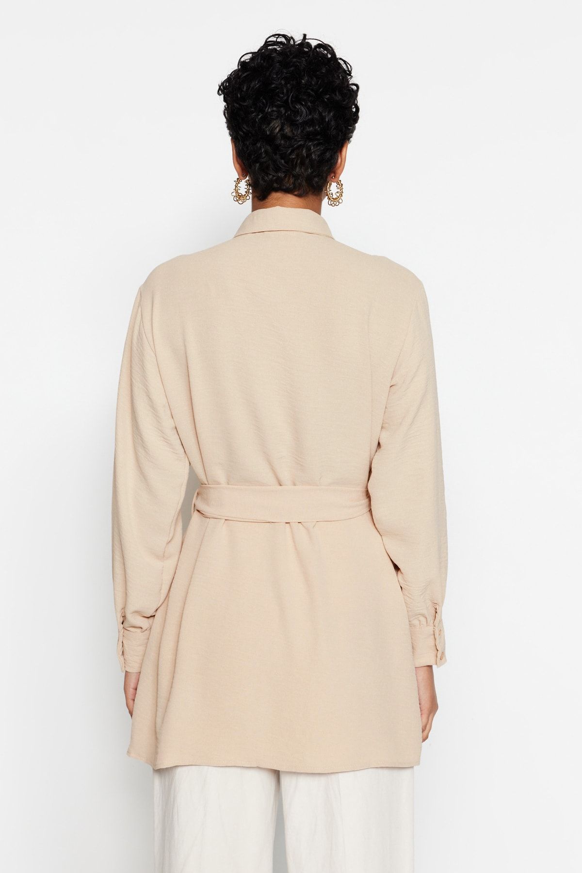 Trendyol Modest-Stone Belted Hidden Placket Woven Shirt TCTSS21TN0049 5