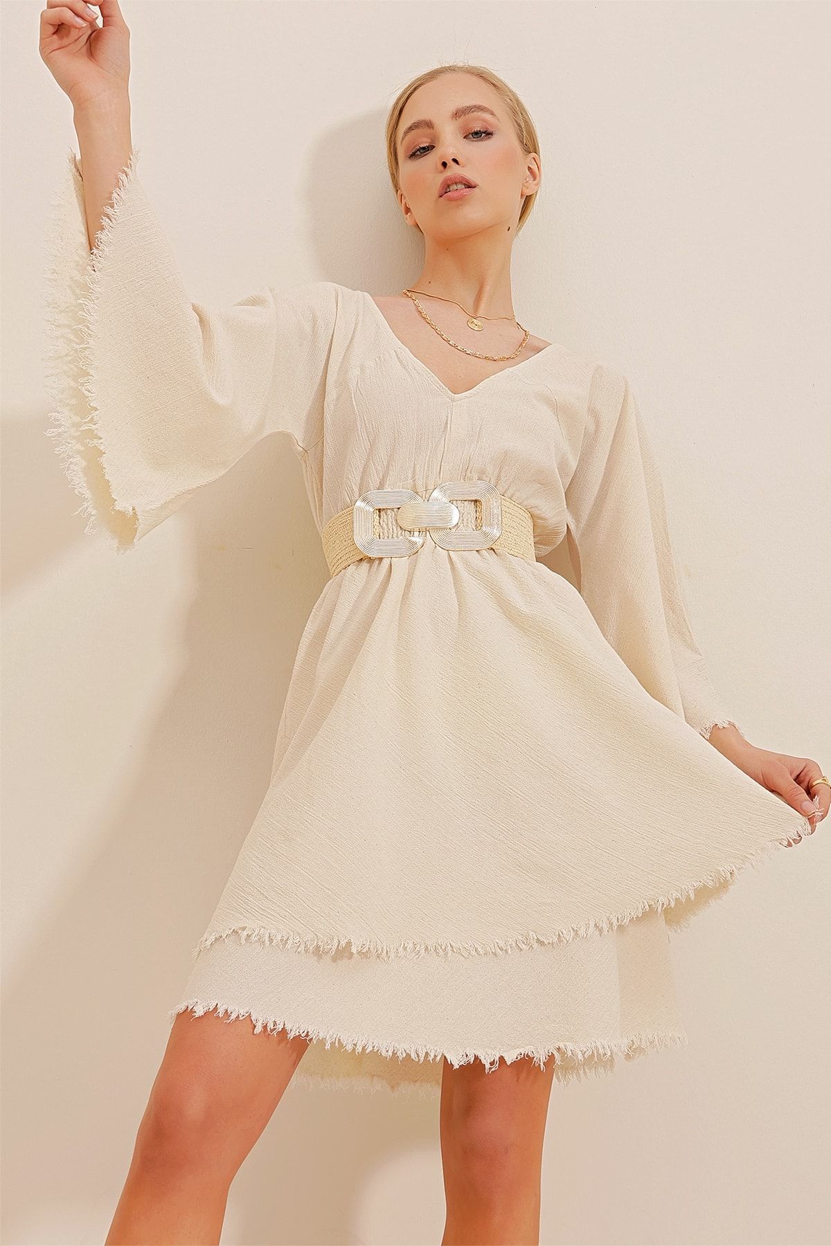 Trend Alaçatı Stili Kleid Beige A-Linie