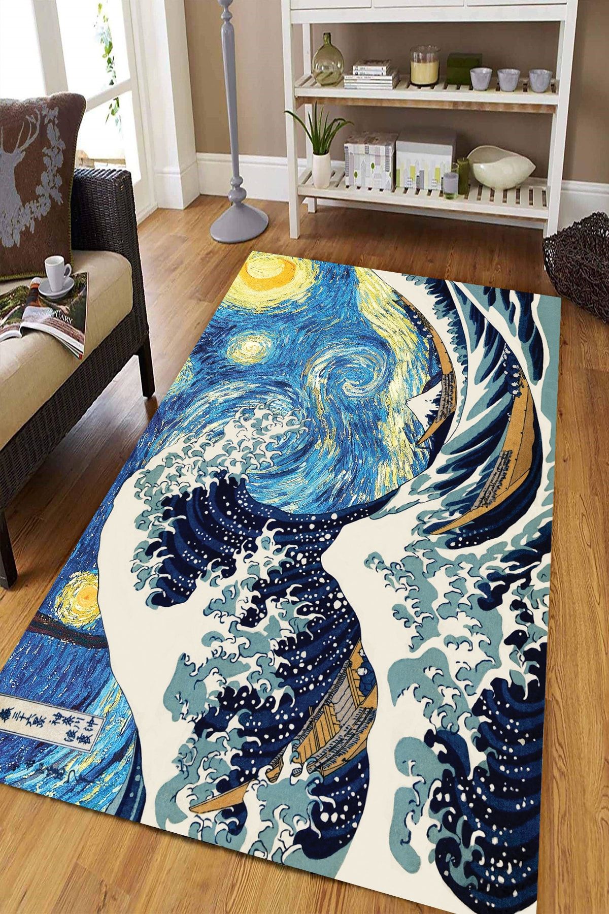 Vagonik-Van Gogh Starry Night and Big Wave Digital Printed Carpet Non-Slip Based Washable Carpet 2