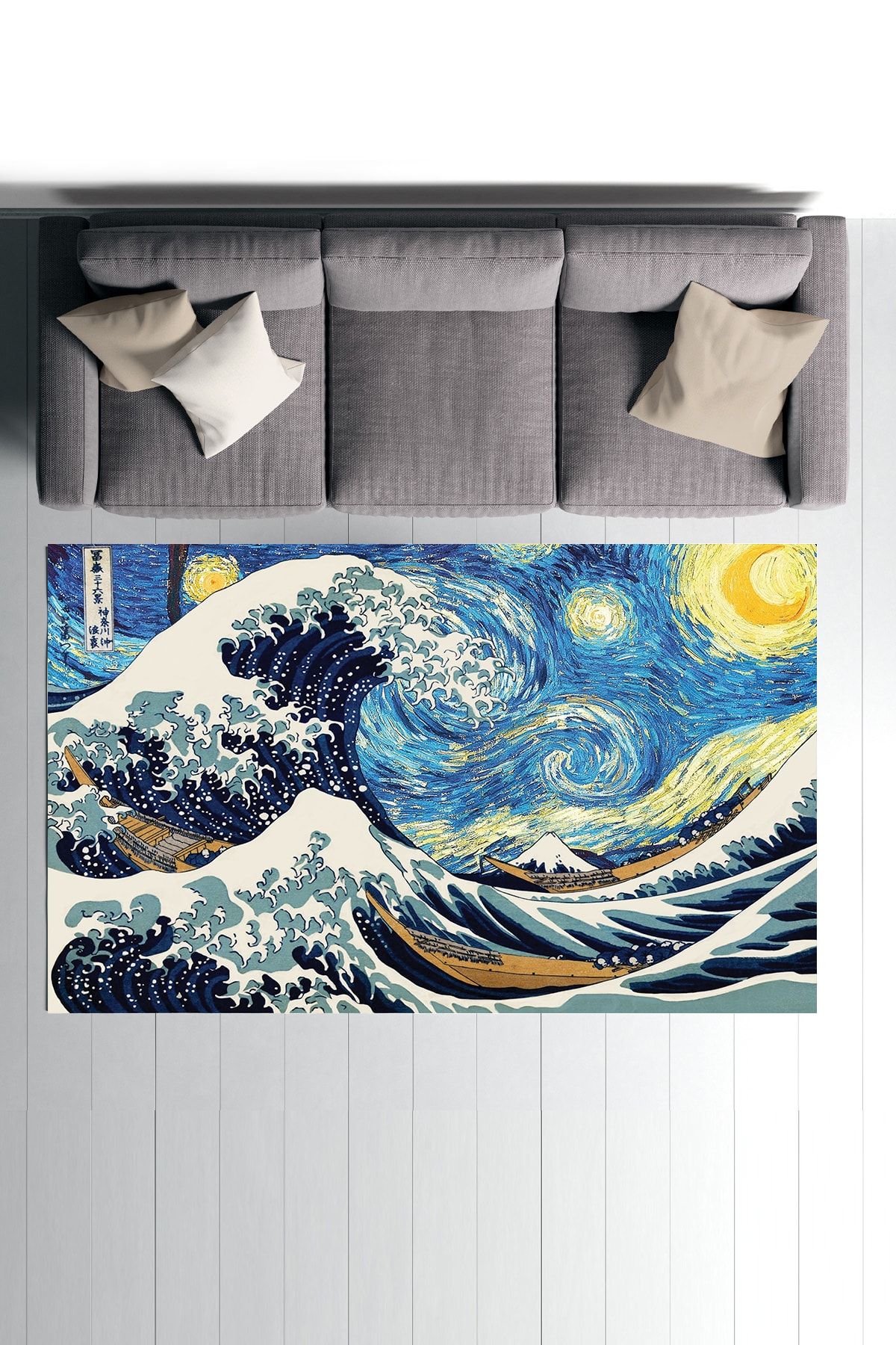 Vagonik-Van Gogh Starry Night and Big Wave Digital Printed Carpet Non-Slip Based Washable Carpet 3
