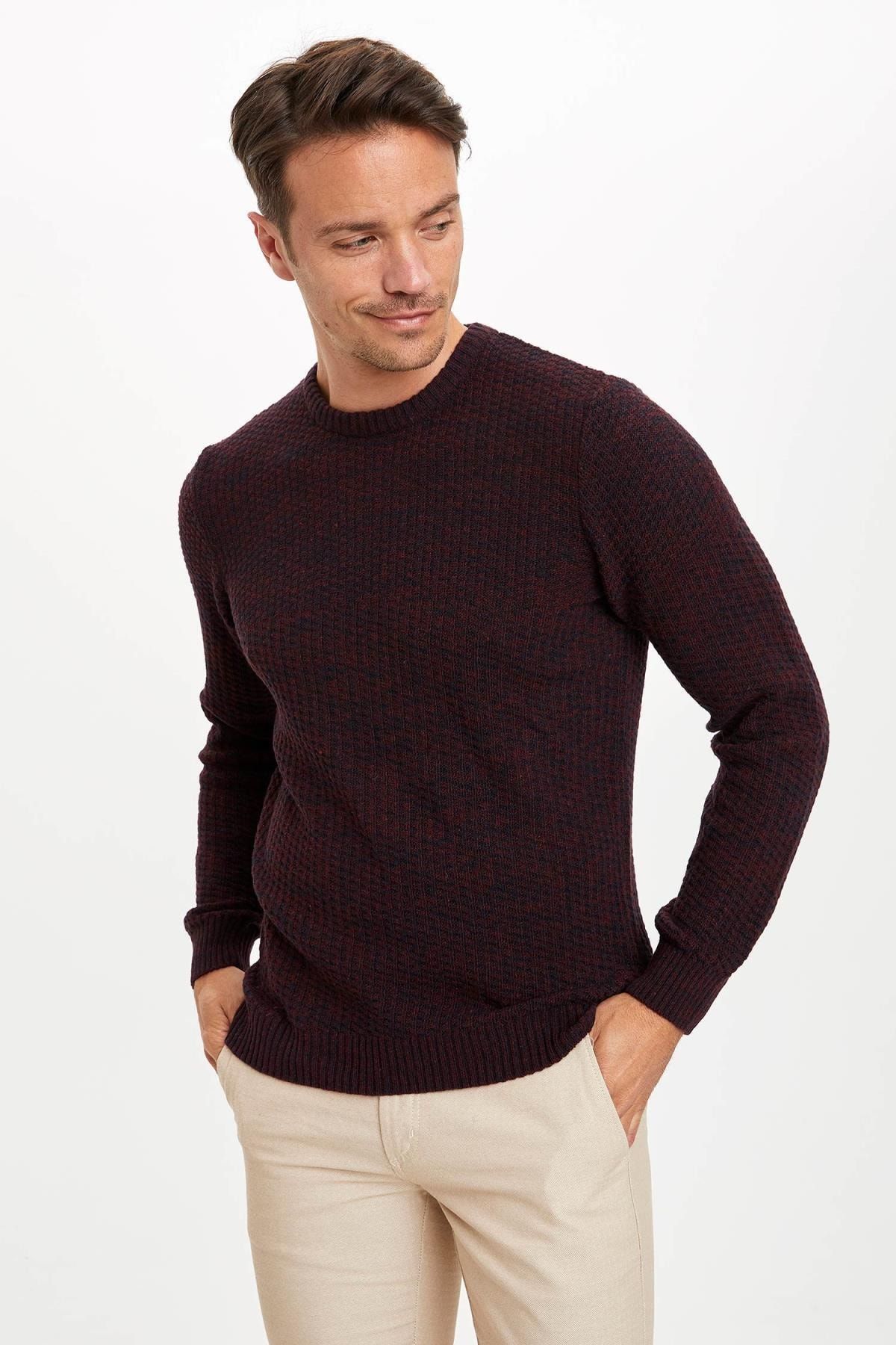 Defacto Erkek Bordo Slim Fit Bisiklet Yaka Triko Kazak R1110az20wn Trendyol