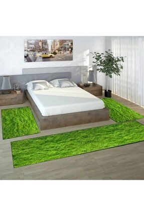 Osso Yeşil Çimler Çiçekli Modern Desenli 3lü Yatak Odası Yolluk Halı Seti ossoyatakodasi17