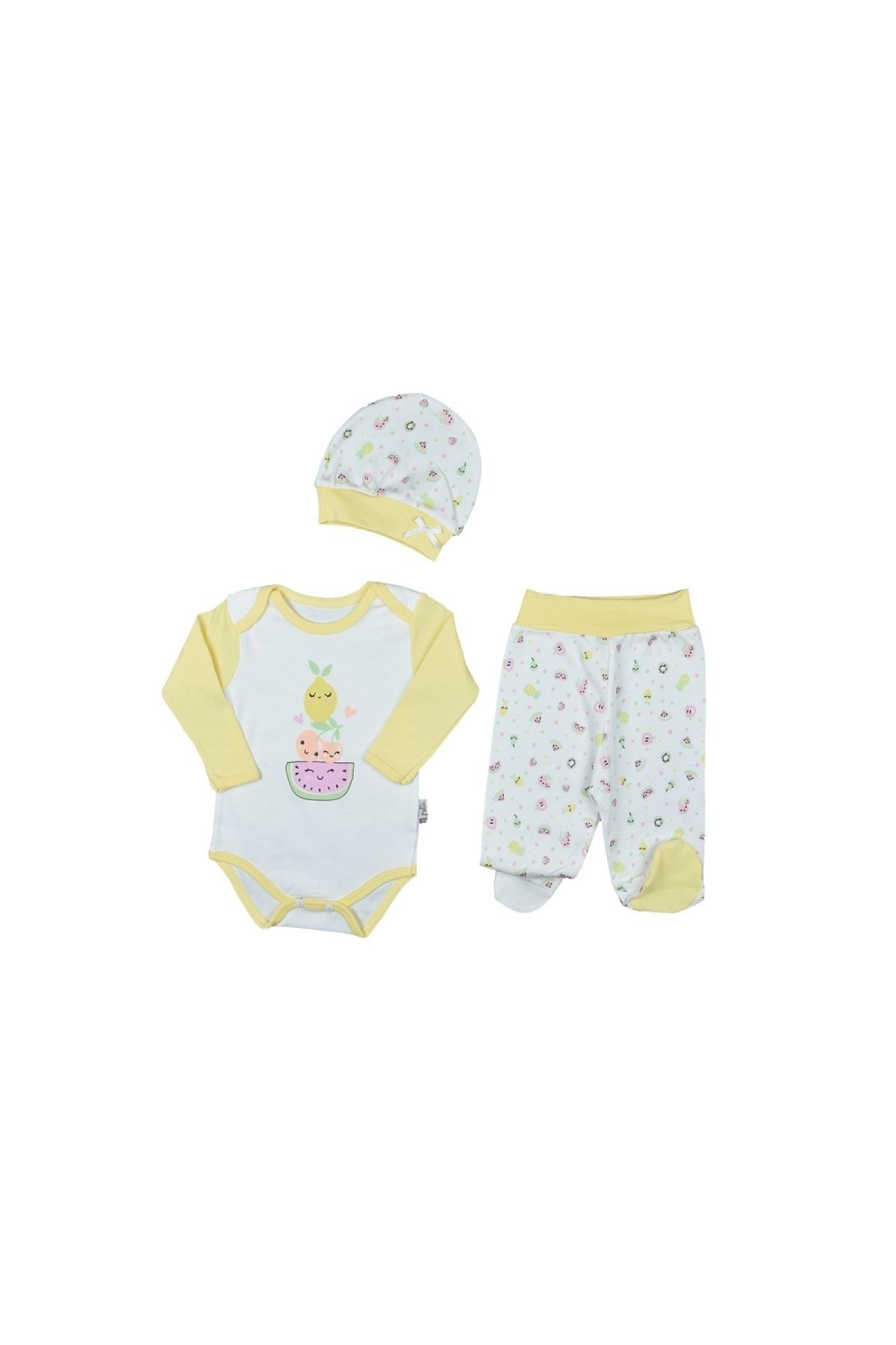 Sutlu Bebek Sari 3 Parca Pamuklu Citcitli Meyveli Bebek Body Zibin Takim Kp 20 2765 Trendyol