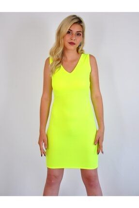 Esnek Krep Kumaş V Yaka Neon Sarı Mini Elbise BS-EMR-016
