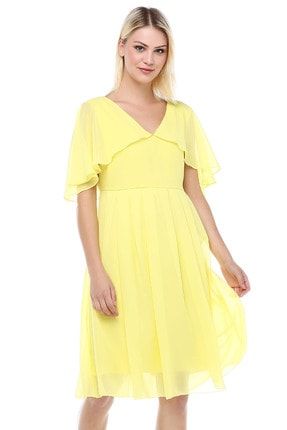 Kadın Sarı Melek Kol Kısa Elbise ML020600X