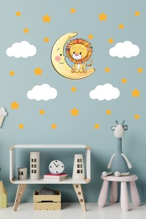 Sevimli Aslan Sarı Yıldızlar ve Beyaz Bulutlar Çocuk Odası Duvar Sticker 76257