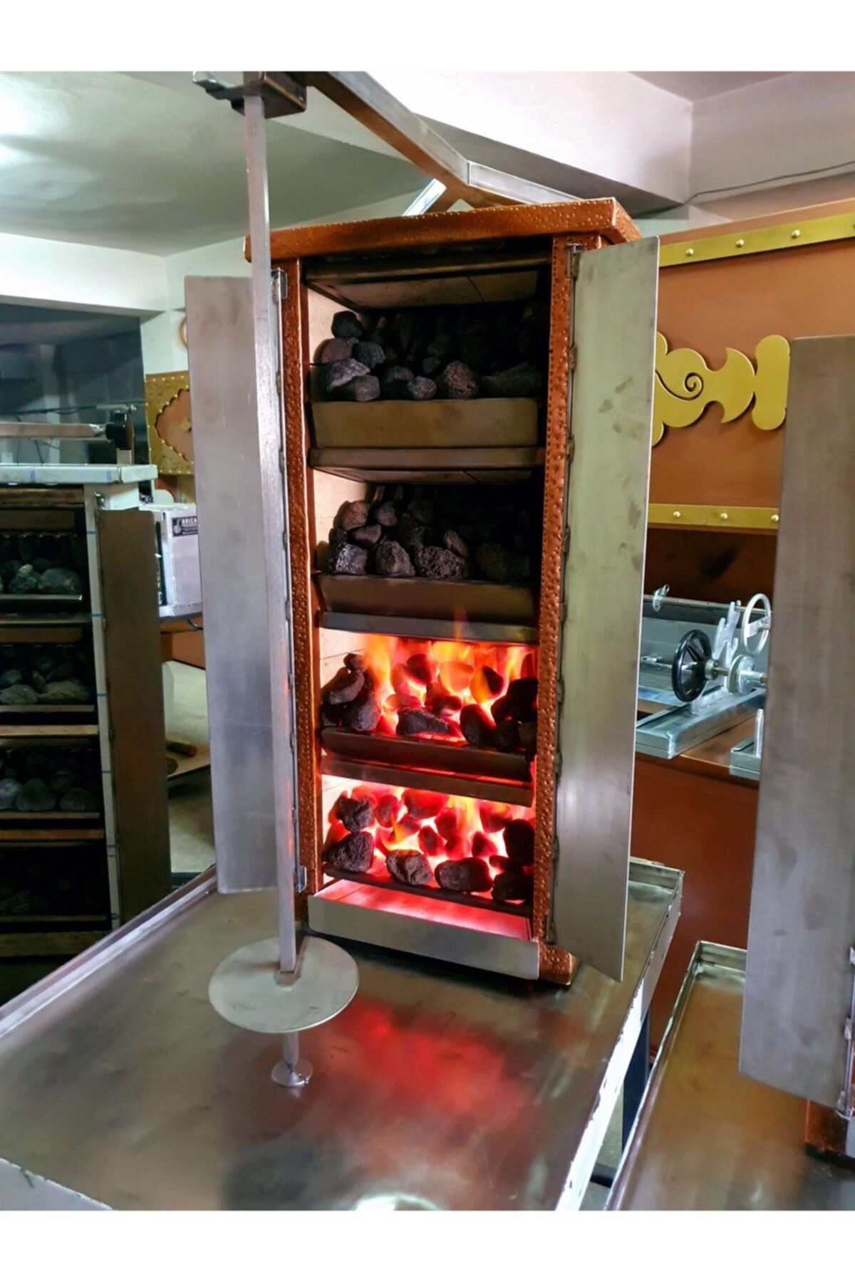 Gazlı Lav Taşlı Dik Döner Ocağı Bakır Kaplama Kömür Ateşi Tadında Döner Izgarası 6