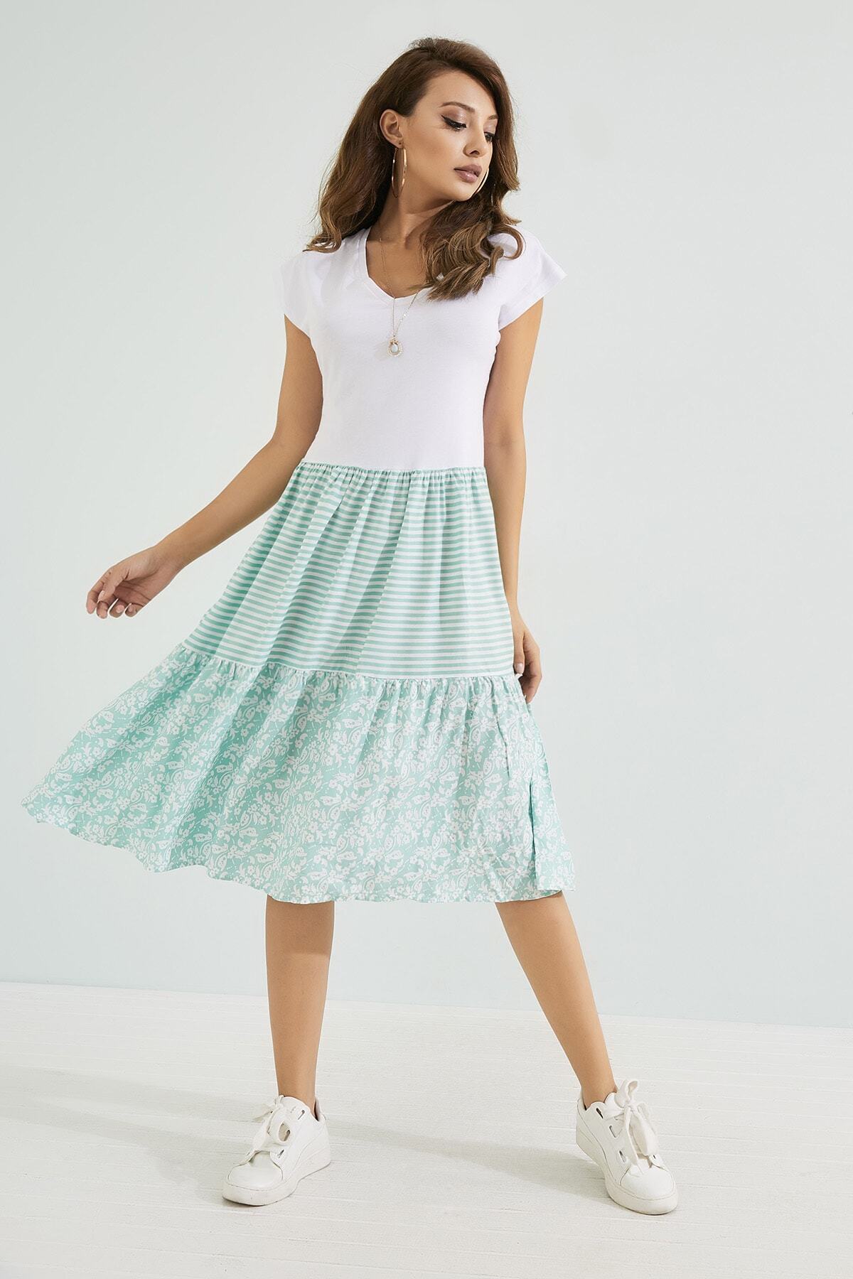 Sateen Kadin Yesil Ustu Penye Alti Poplin Elbise Stn233kel129 Trendyol