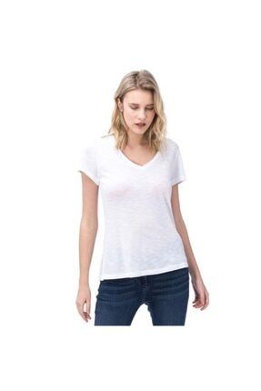 Kadın Beyaz V Yaka Kısa Kollu T-shirt M 2370