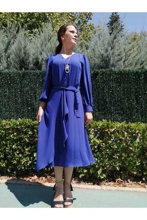 Kadın Lacivert Dizaltı Uzun Kollu Şifon Elbise ADMS101