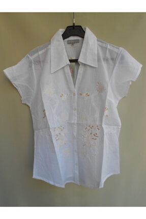 Kadın Beyaz Otantik Pamuklu Nakışlı Bluz Gömlek 557084