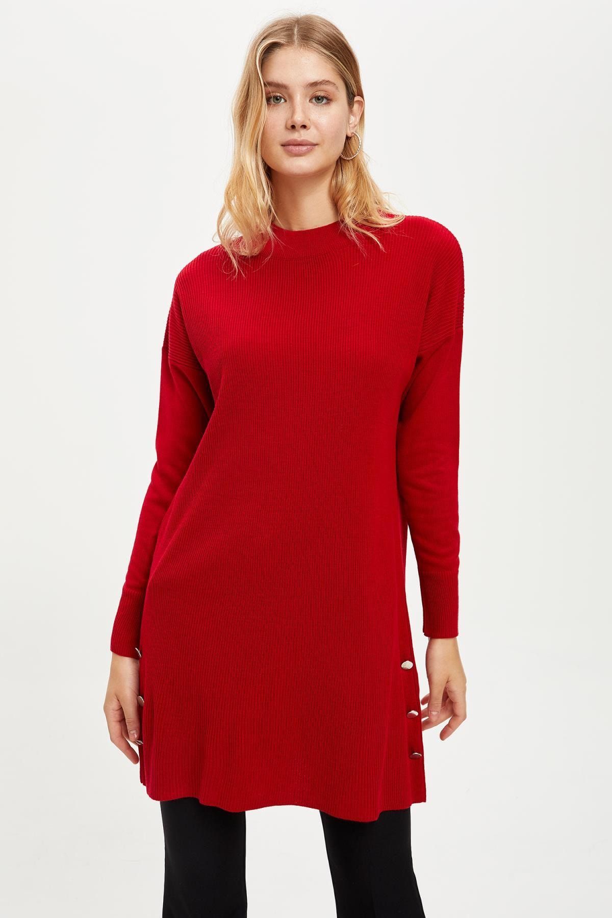 Defacto Kadin Red Dusuk Kollu Dugme Detayli Triko Tunik J3018az20wn Trendyol