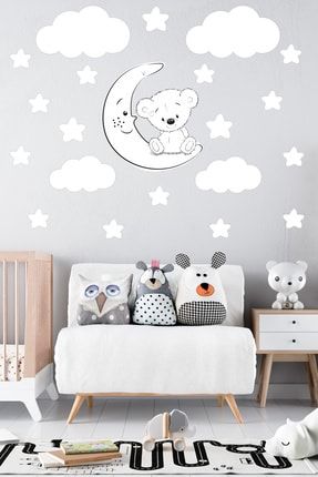 Sevimli Beyaz Ayıcık , Beyaz Yıldızlar Ve Bulutlar Dekoratif Bebek Çocuk Odası Duvar Sticker 75993