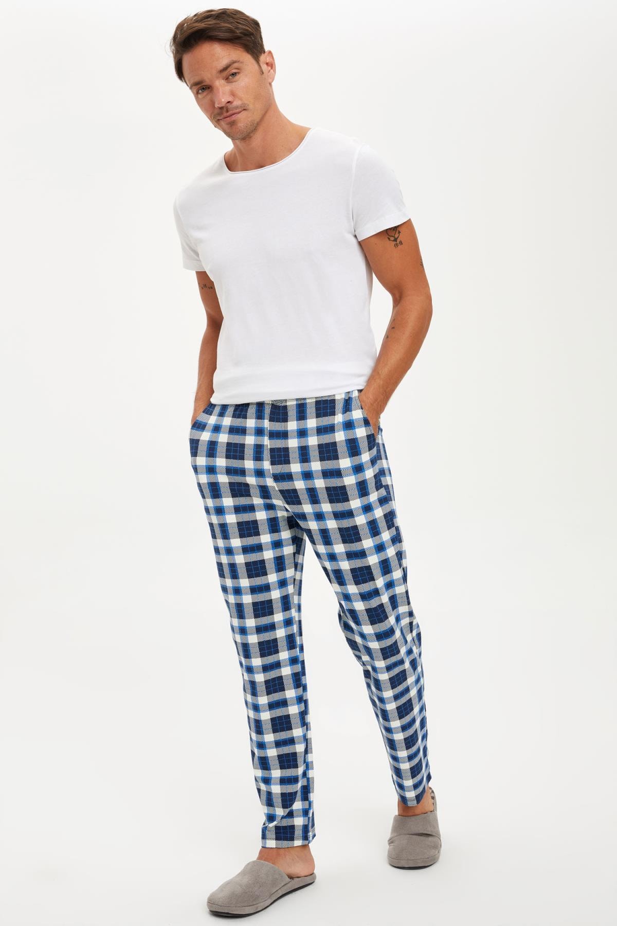 Defacto Erkek Lt Blue Ekose Desenli Regular Fit Pijama Alt S2427az20au Trendyol