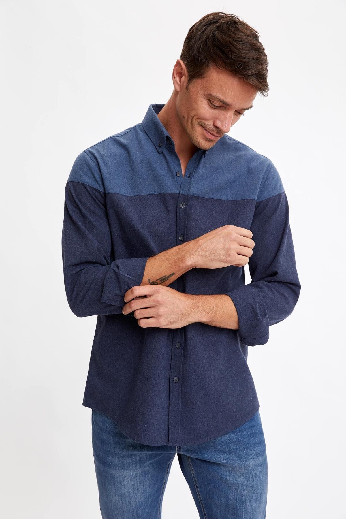 Defacto Erkek Indigo Blok Desenli Uzun Kollu Modern Fit Gomlek S1128az20au Trendyol