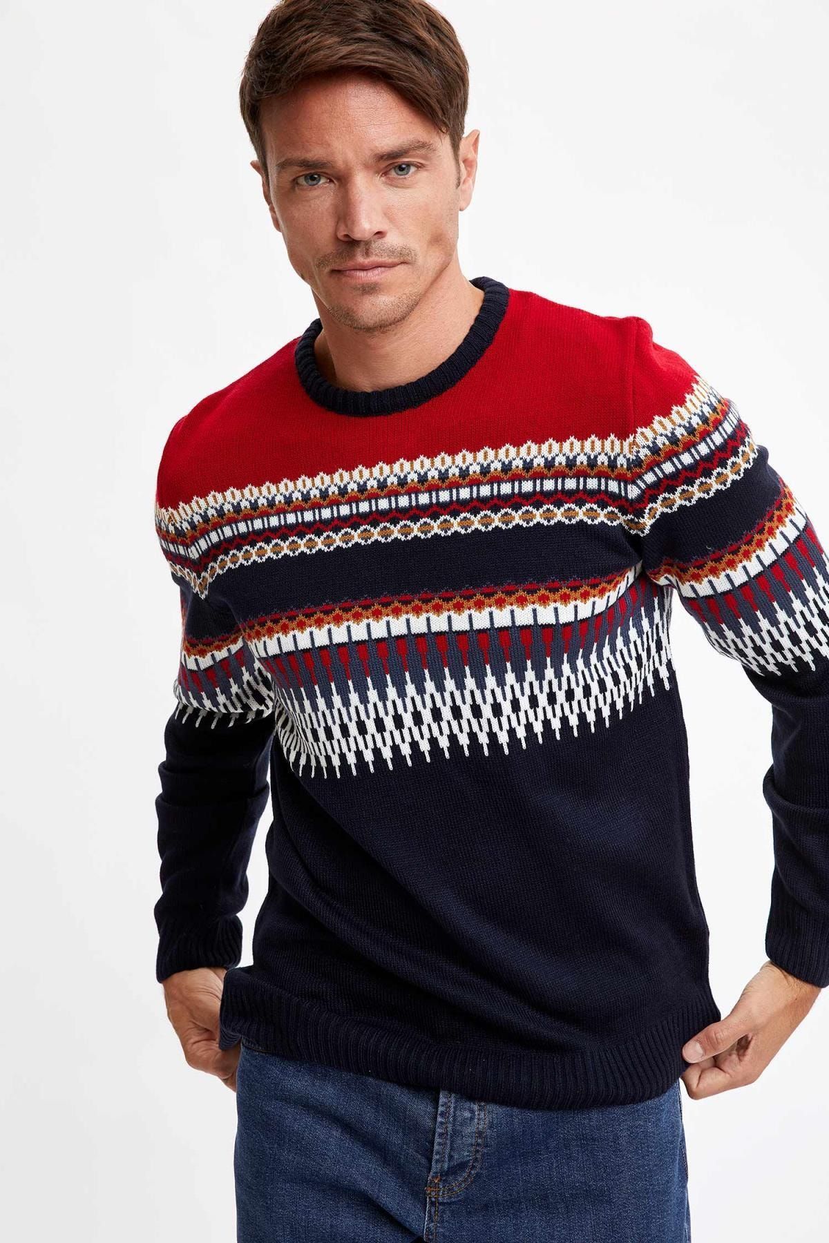 Defacto Erkek Red Blok Desenli Slim Fit Bisiklet Yaka Triko Kazak R8822az20wn Trendyol