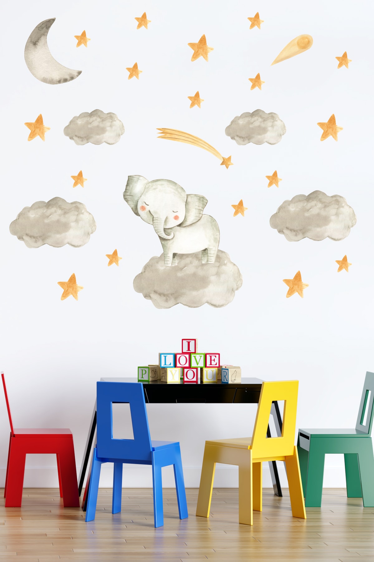 Elephant Sleeping on the Clouds, Stars Gray Clouds Nursery Sticker