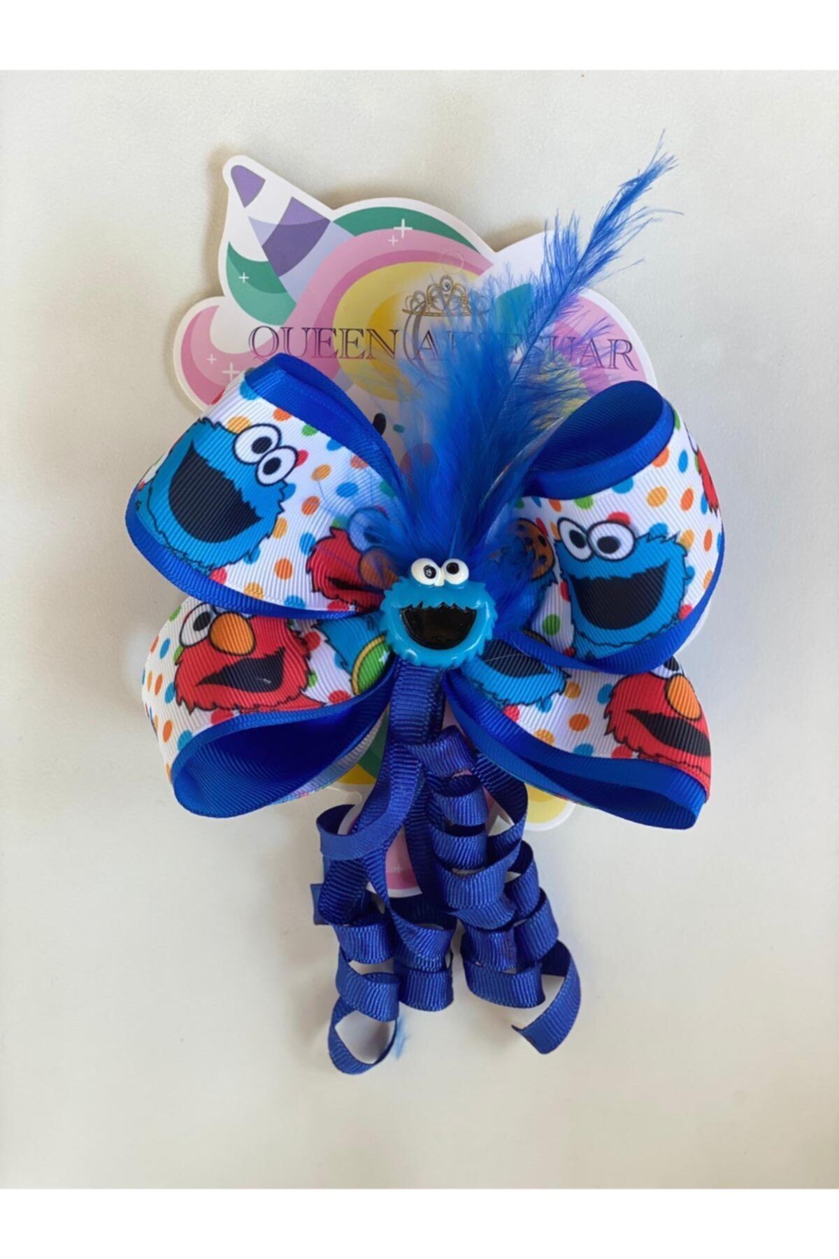 QUEEN AKSESUAR-Trend Moda Sesame Street Navy Blue Elmo Feather Bow School Buckle with Metal Clip 2