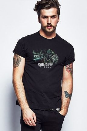 Call Of Duty Ghost Drawing Baskılı Siyah Erkek Örme Tshirt SFK1046ERKTS