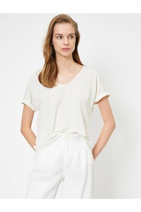 Kadın Beyaz V Yaka Kısa Kollu T-shirt 0YAK13109EK