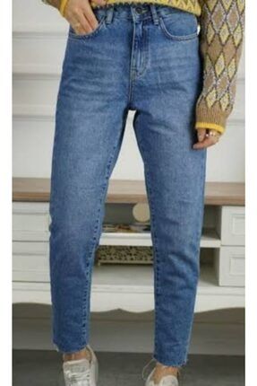 Kadın Mavi Kesik Paça Jeans Denim Kot Orjinal Ithal Bayan Pantolon 900881637