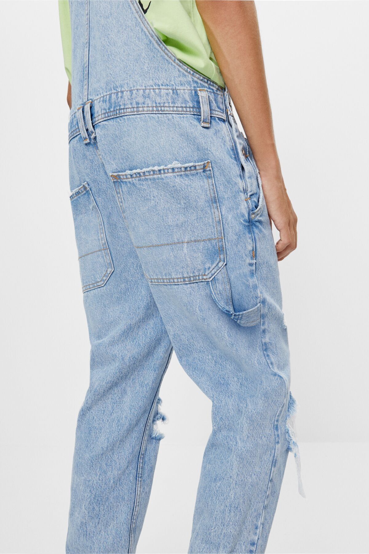 Bershka Erkek Mavi Distressed Denim Salopet Trendyol
