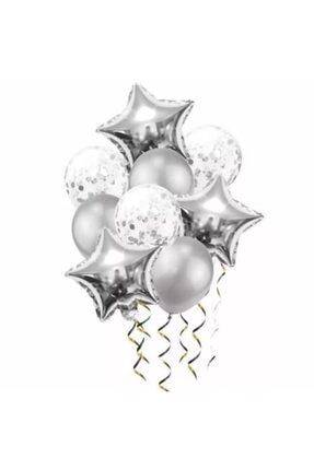Şeffaf Konfetili Balon Metalik Balon Folyo Yıldız Balon Set Gümüş Renk DNZ 1387
