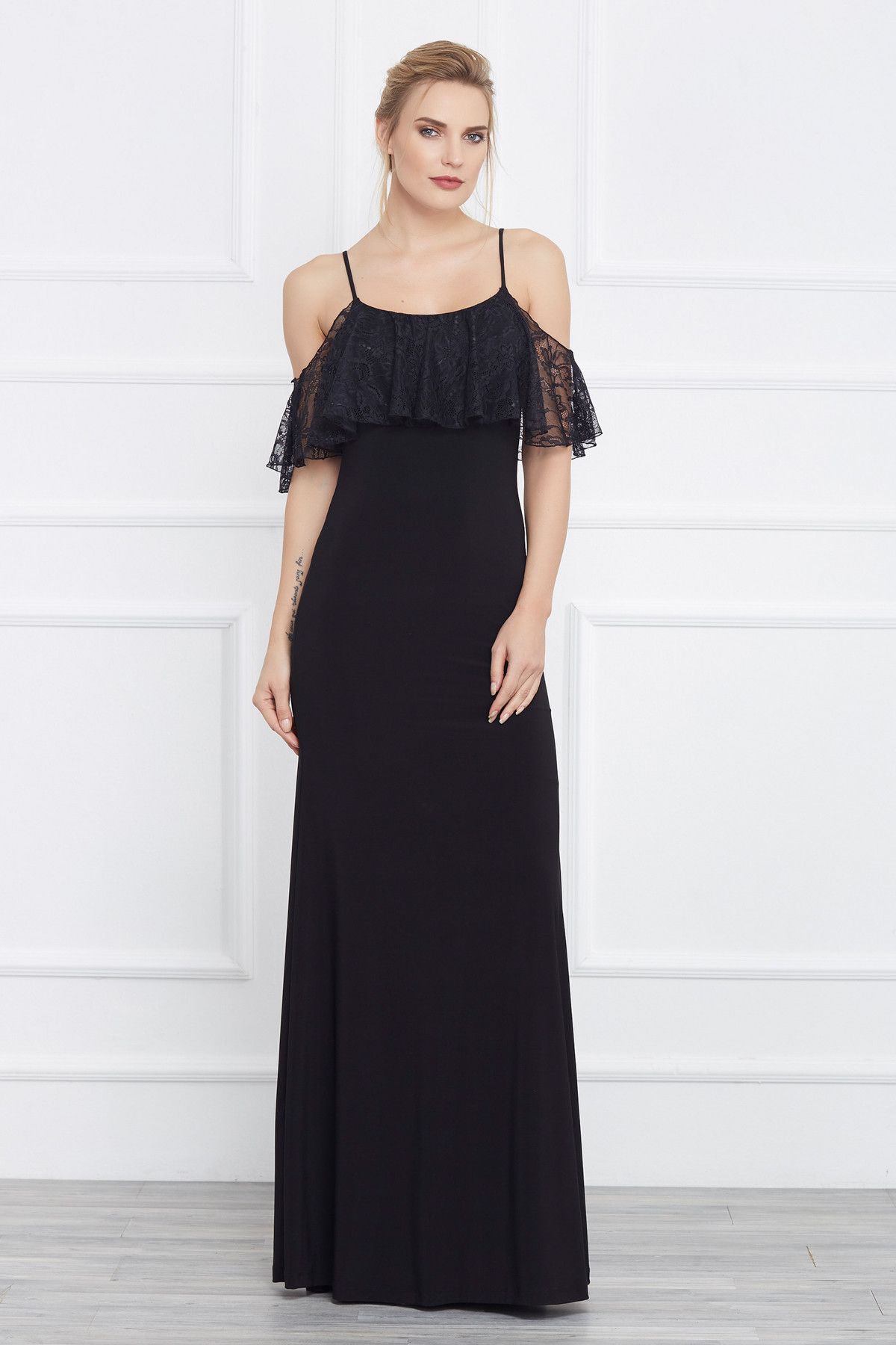 Laranor-Women's Black Lace Detailed Evening Dress 17L6152 1