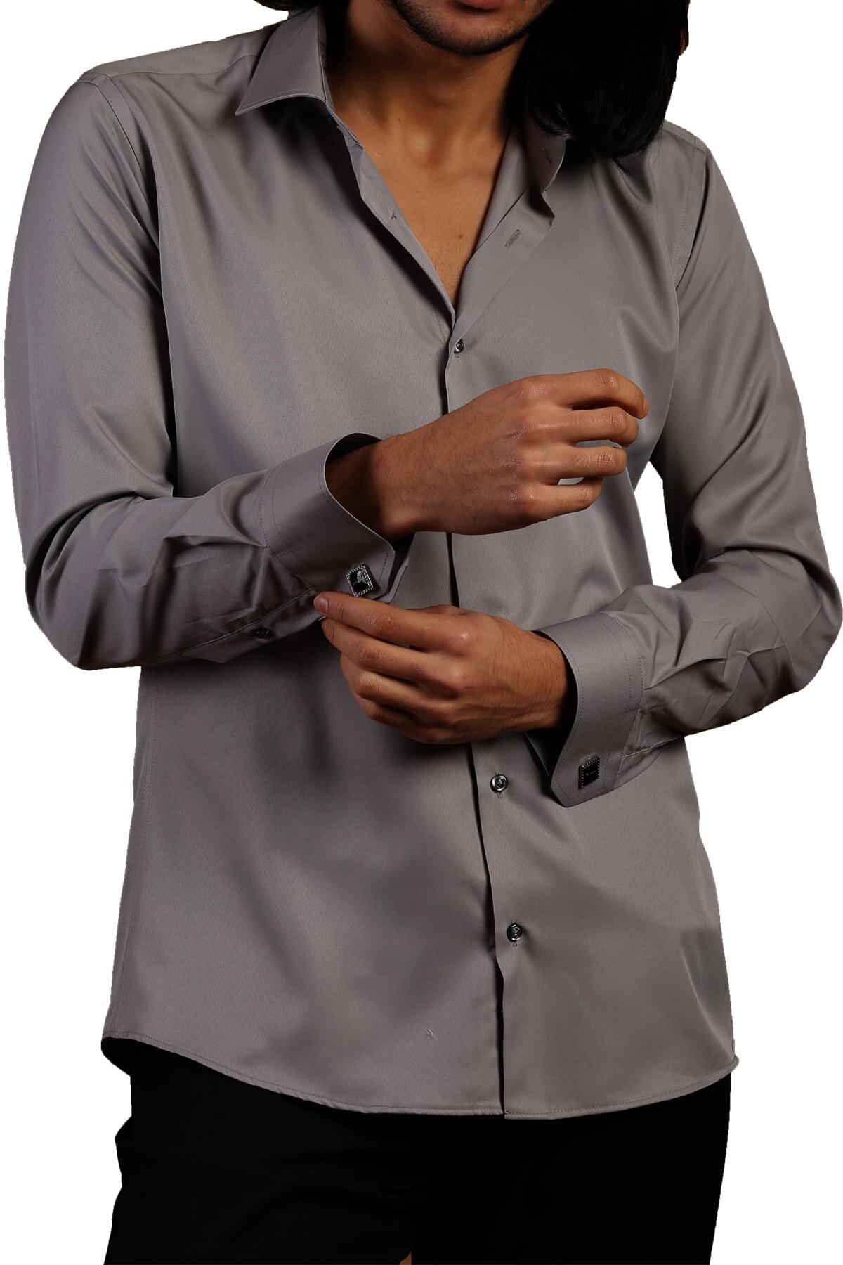 Dicotto-Micro Fabric Gray Slim Fit Shirt - Cufflinks, Solid Color - 201-7 3