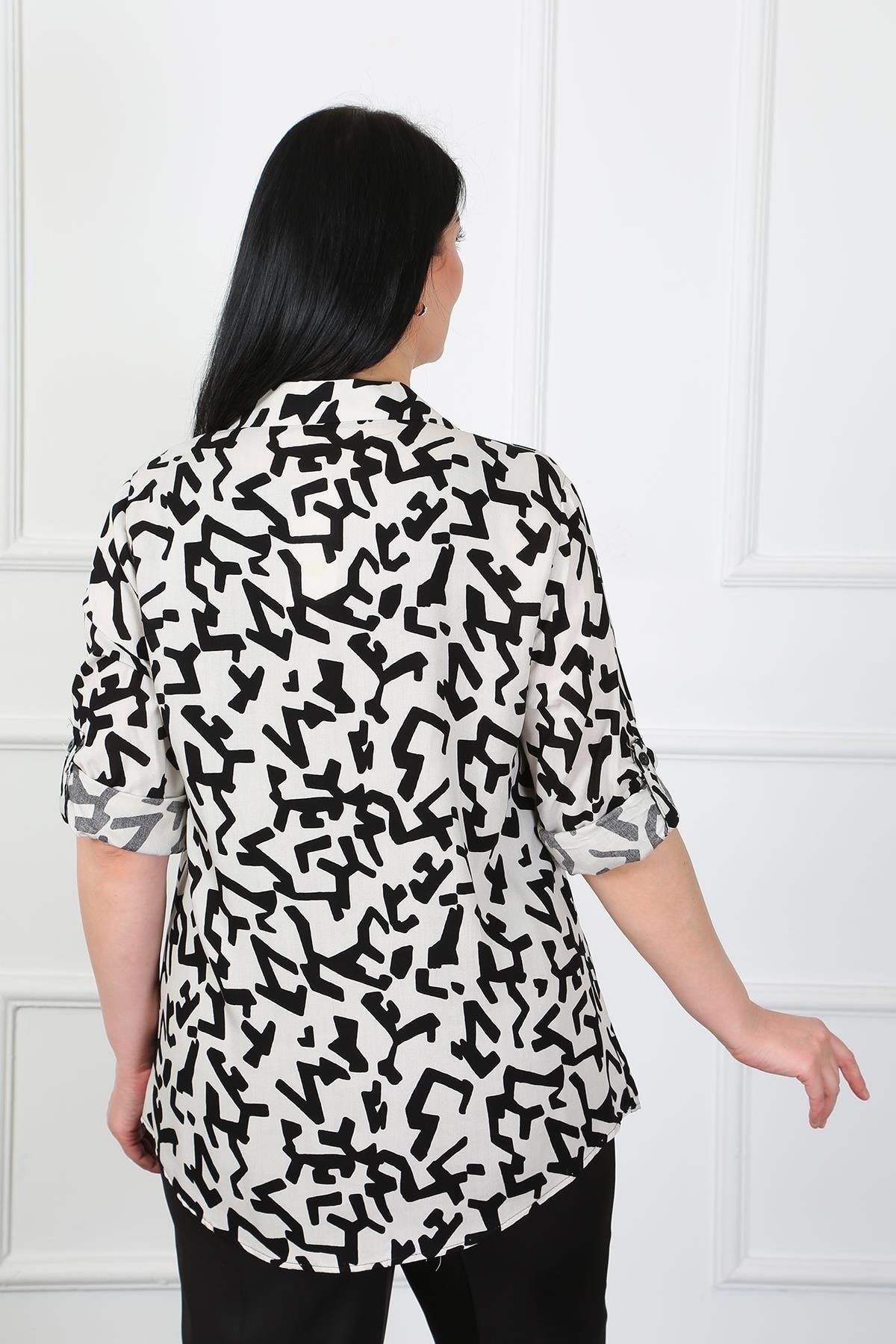 By Alba Collection-Women's White Patterned Cotton Viscose Large Size Shirt 5