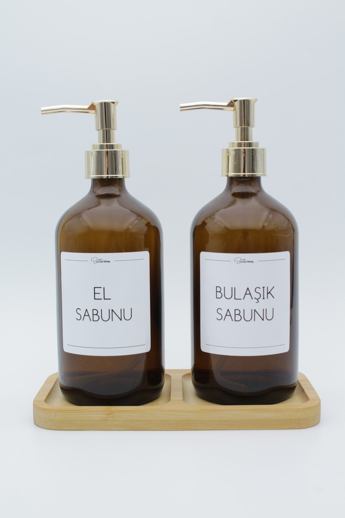 zezedesing Amber Glass Gold Lid Hand Soap Dish Soap Bottle 500ml And 2 Compartments Bamboo Base