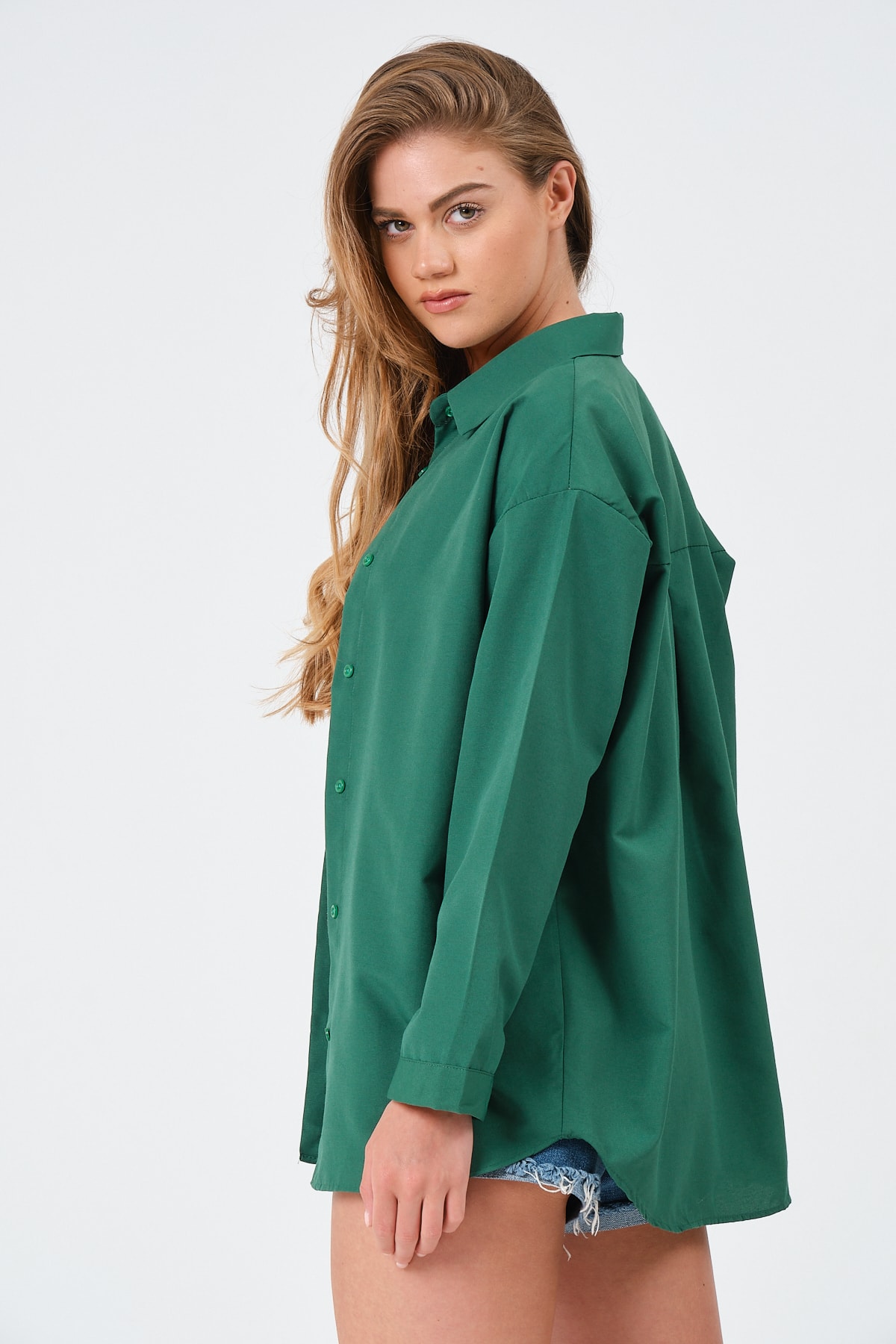 modazoom Kadın Zümrüt Oversize Uzun Basic Gömlek görsel 6