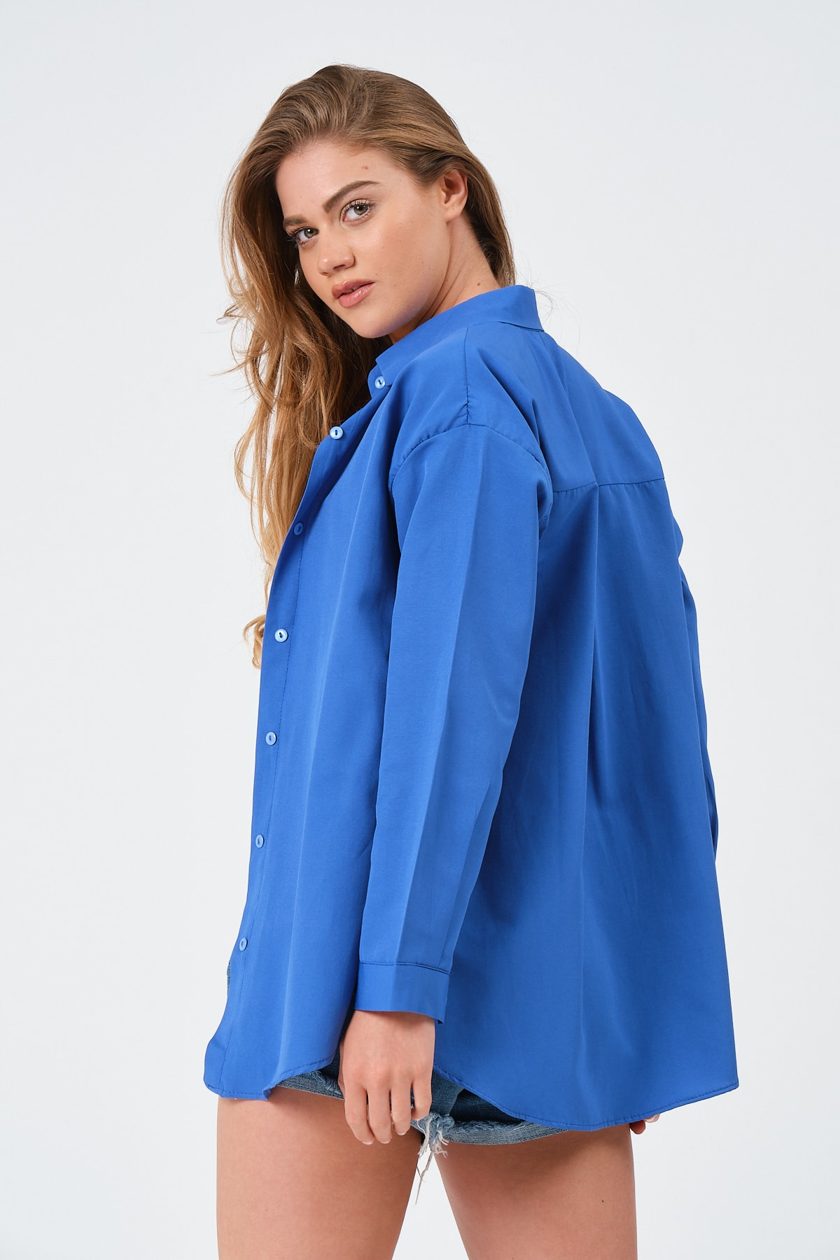 modazoom Kadın Saks Mavi Oversize Uzun Basic Gömlek görsel 6