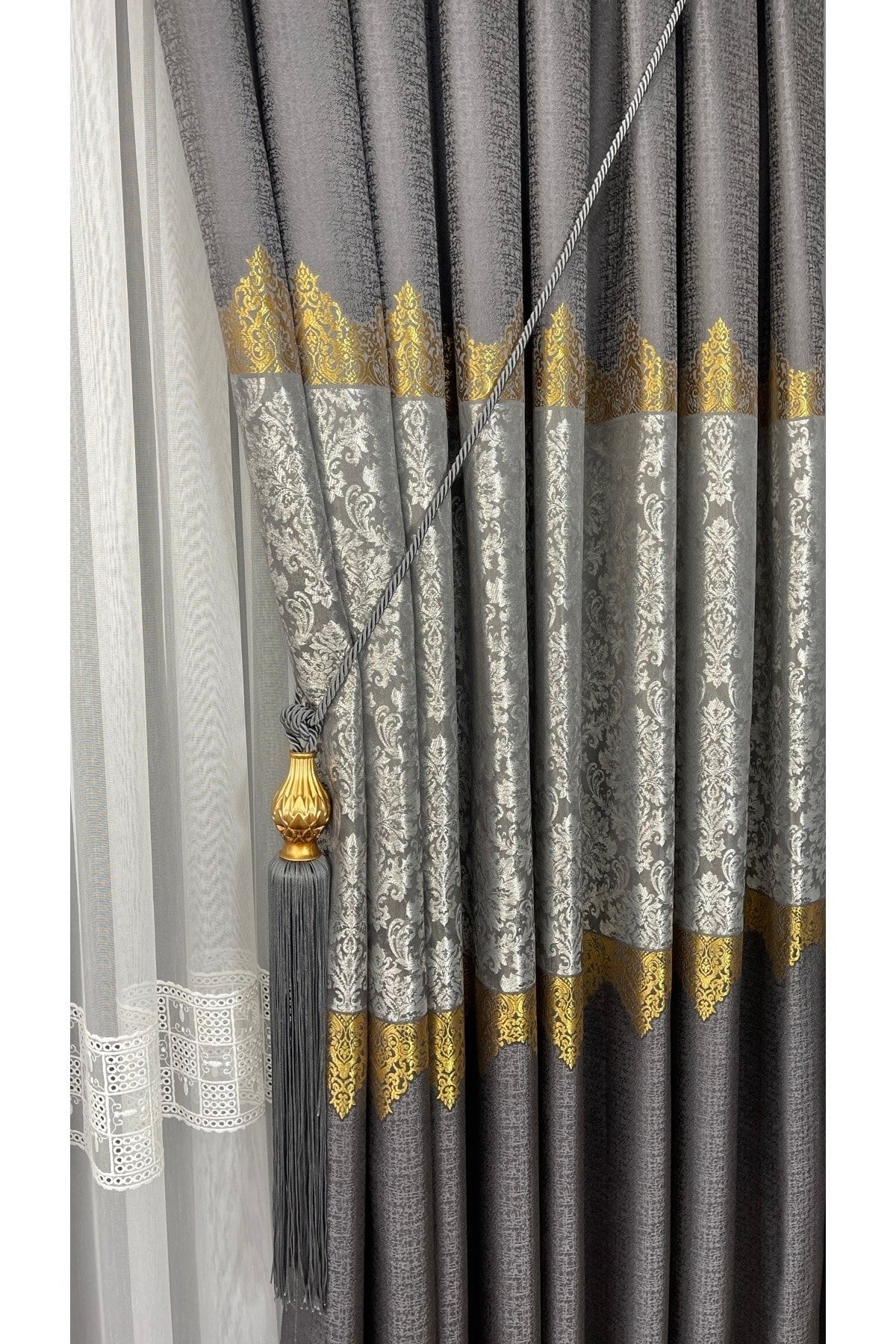 Yuka-Panou fundal perdea gri cu o singură aripă pliată îndeaproape Jacquard cu model semilucios 100 X 260 3