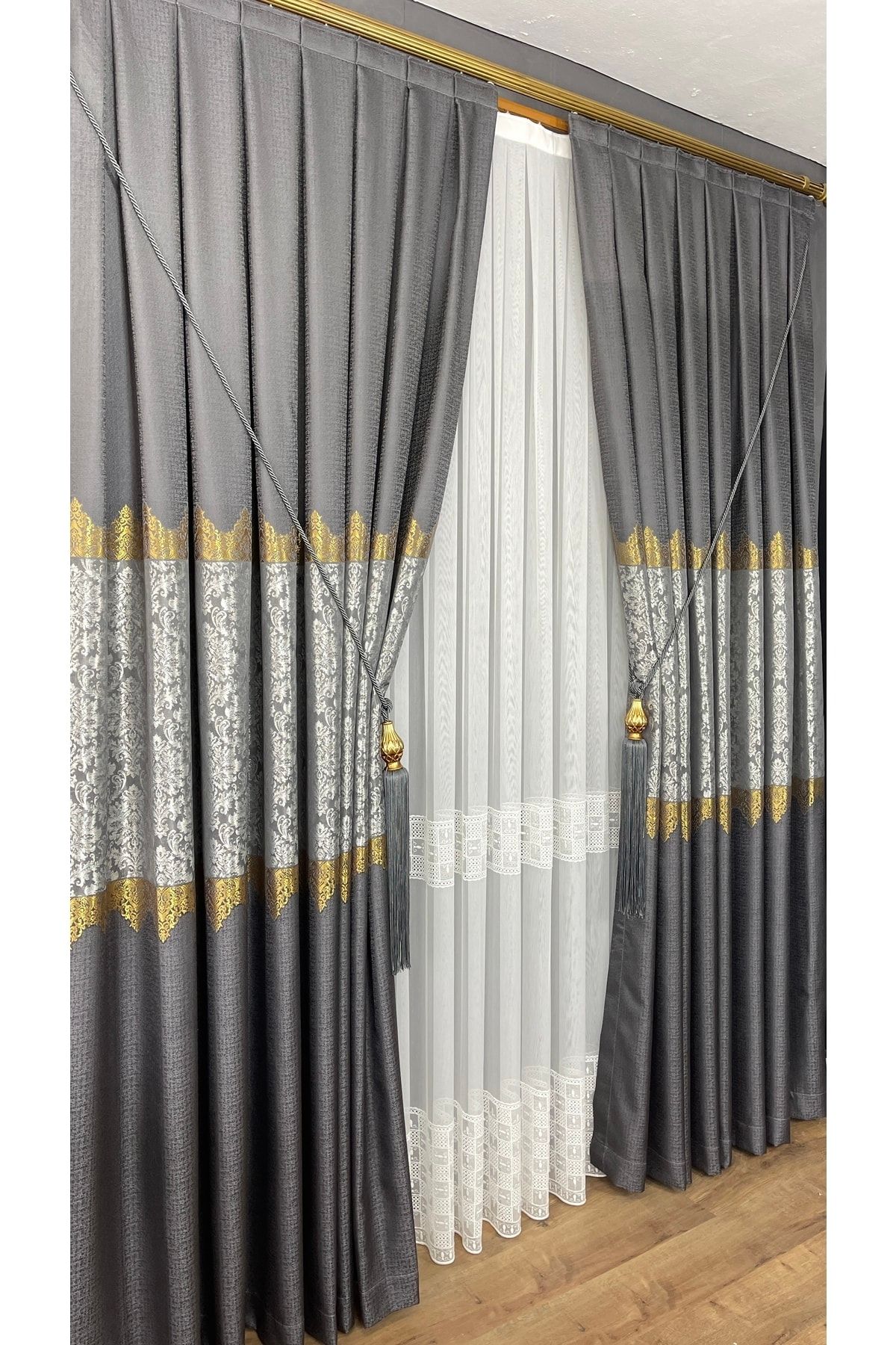 Yuka-Panou fundal perdea gri cu o singură aripă pliată îndeaproape Jacquard cu model semilucios 100 X 260 6