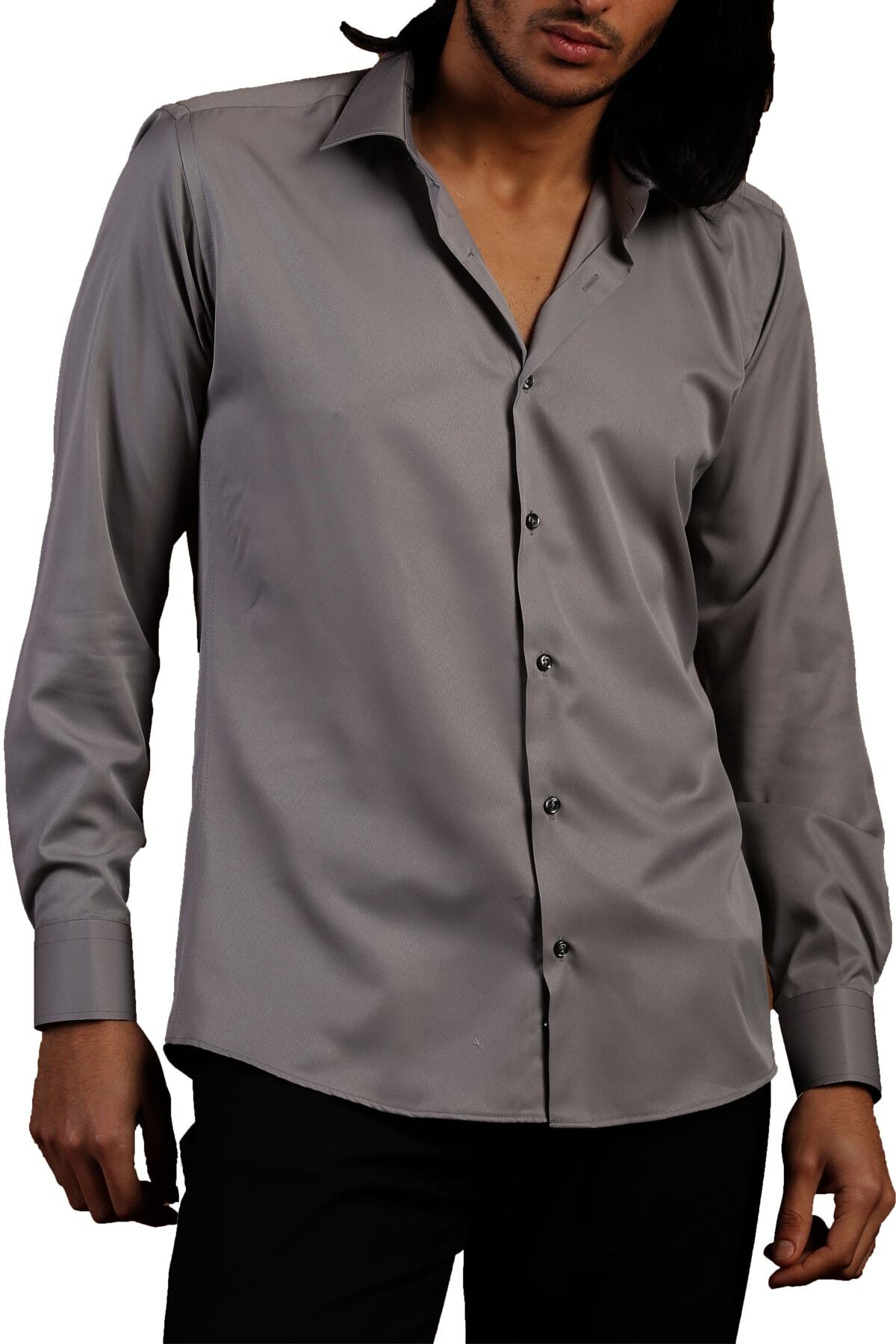 Dicotto-Micro Fabric Gray Slim Fit Shirt - Cufflinks, Solid Color - 201-7 4