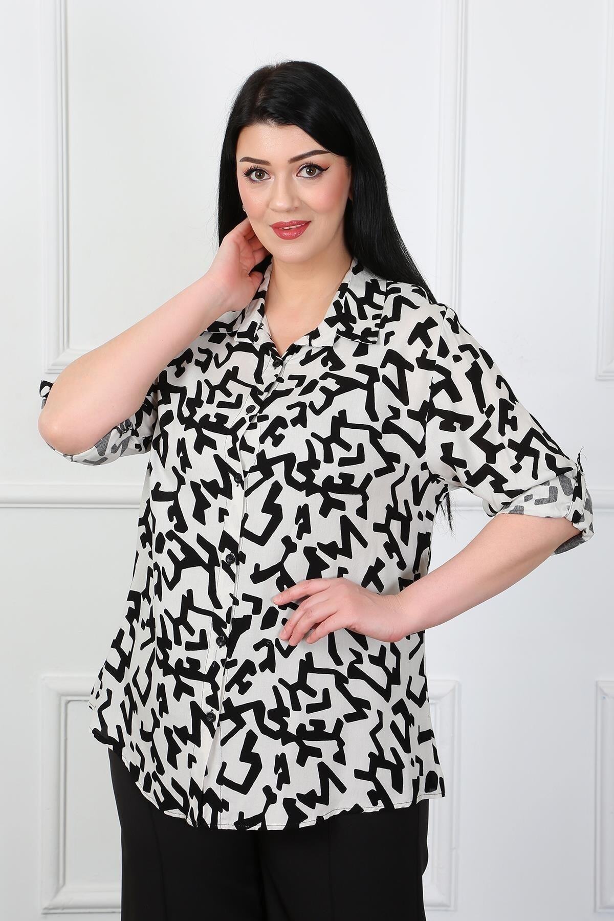 By Alba Collection-Women's White Patterned Cotton Viscose Large Size Shirt 3