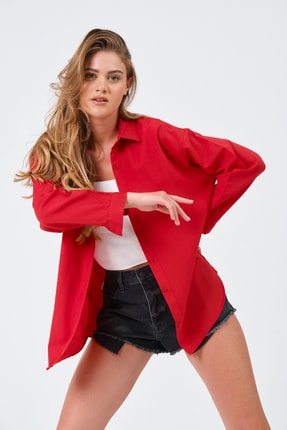 modazoom Kadın Kırmızı Oversize Uzun Basic Gömlek