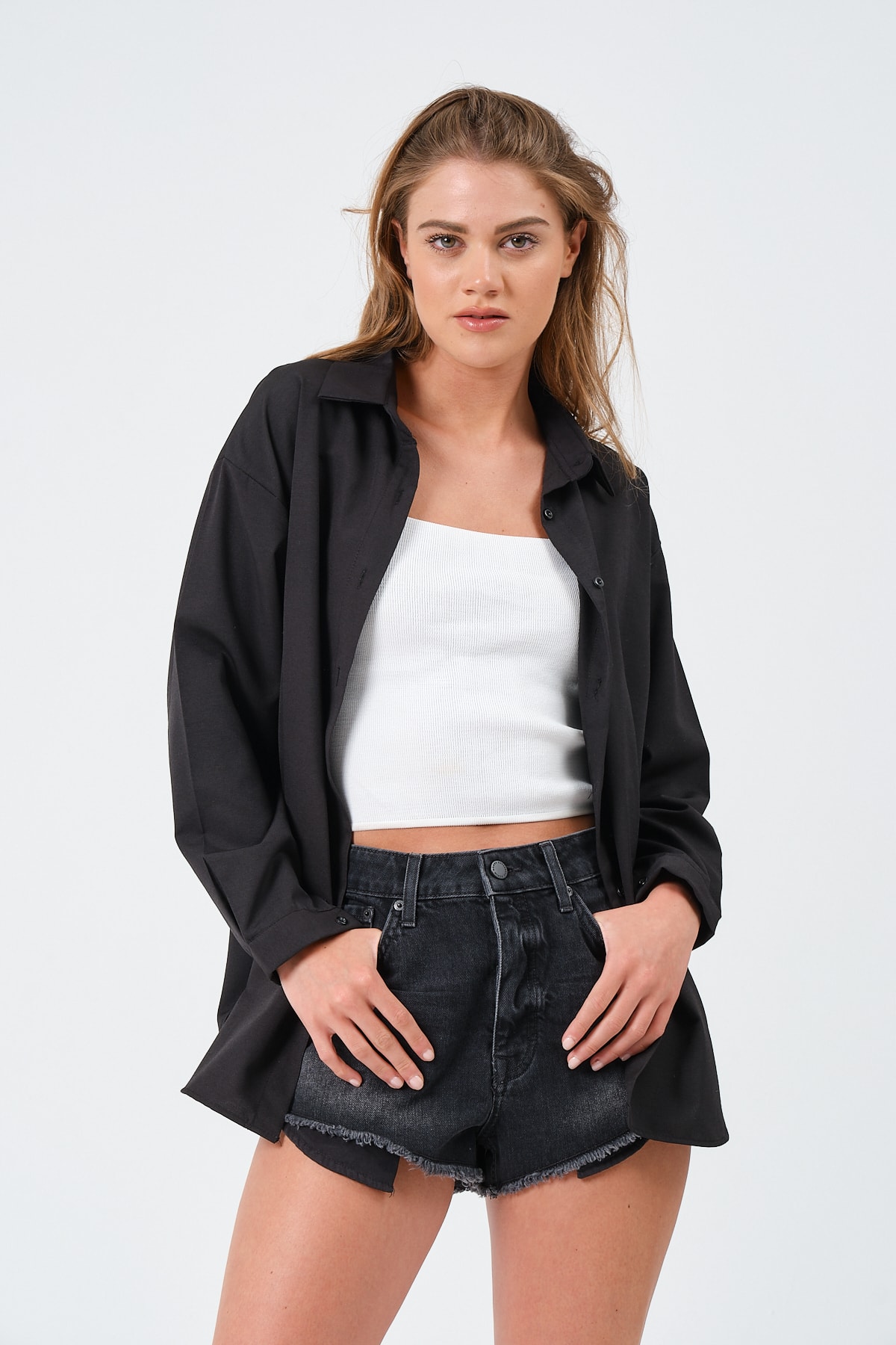 modazoom  Kadın Siyah Oversize Basic Uzun Gömlek - Görsel 8