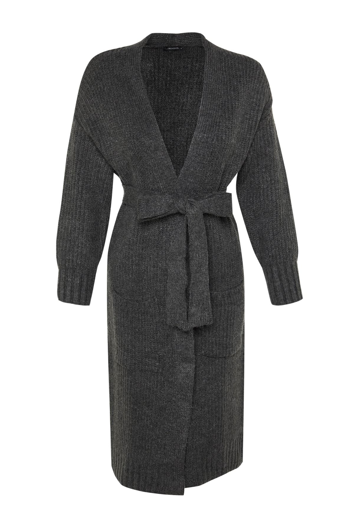 Trendyol Modest-Anthrazitfarbene, lange Thessaloniki-Strickjacke mit Gürtel TCTAW24TH00016 6