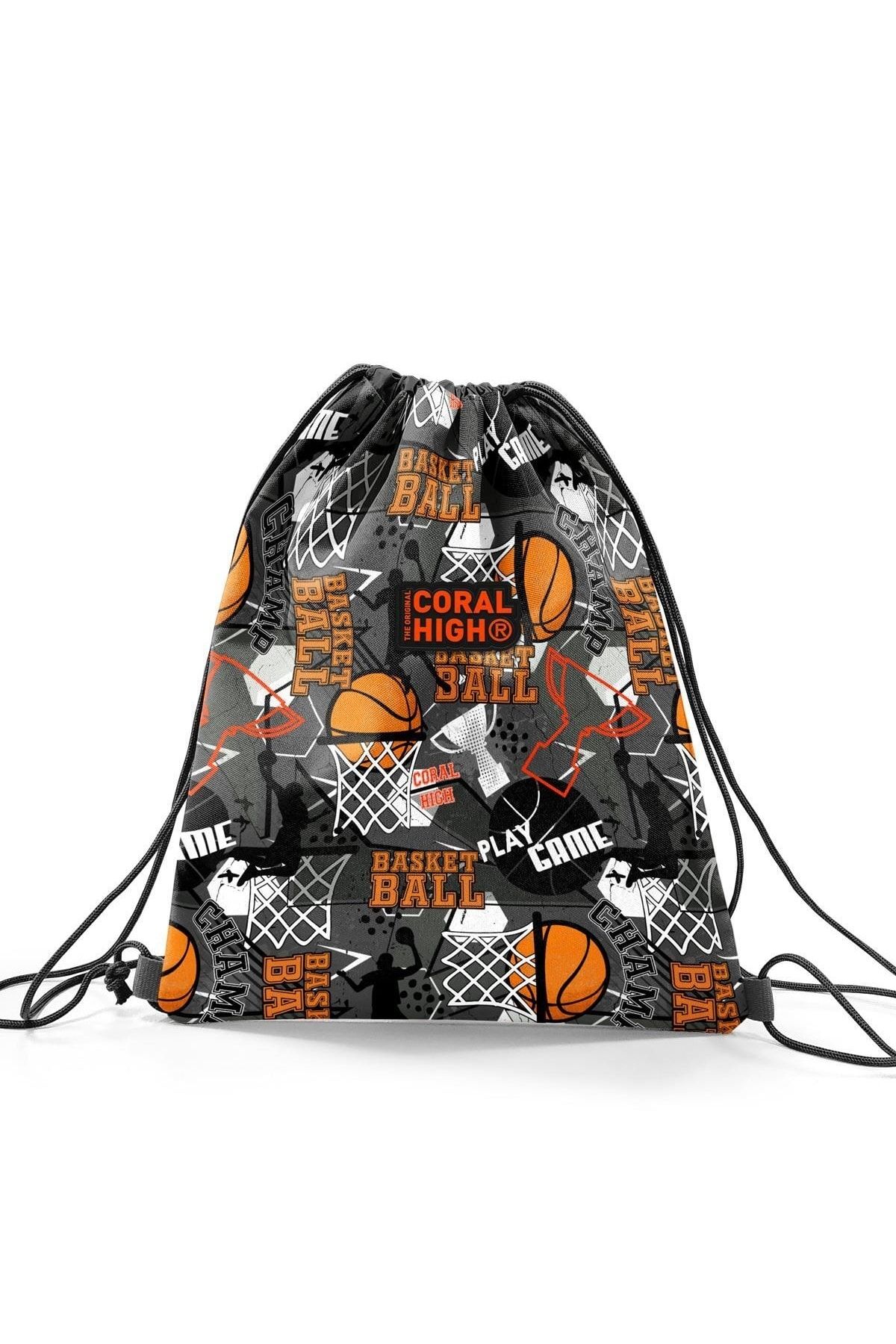 Coral High-Kids Black Gray Basketball Patterned Drawstring Drawstring Backpack 22676 2