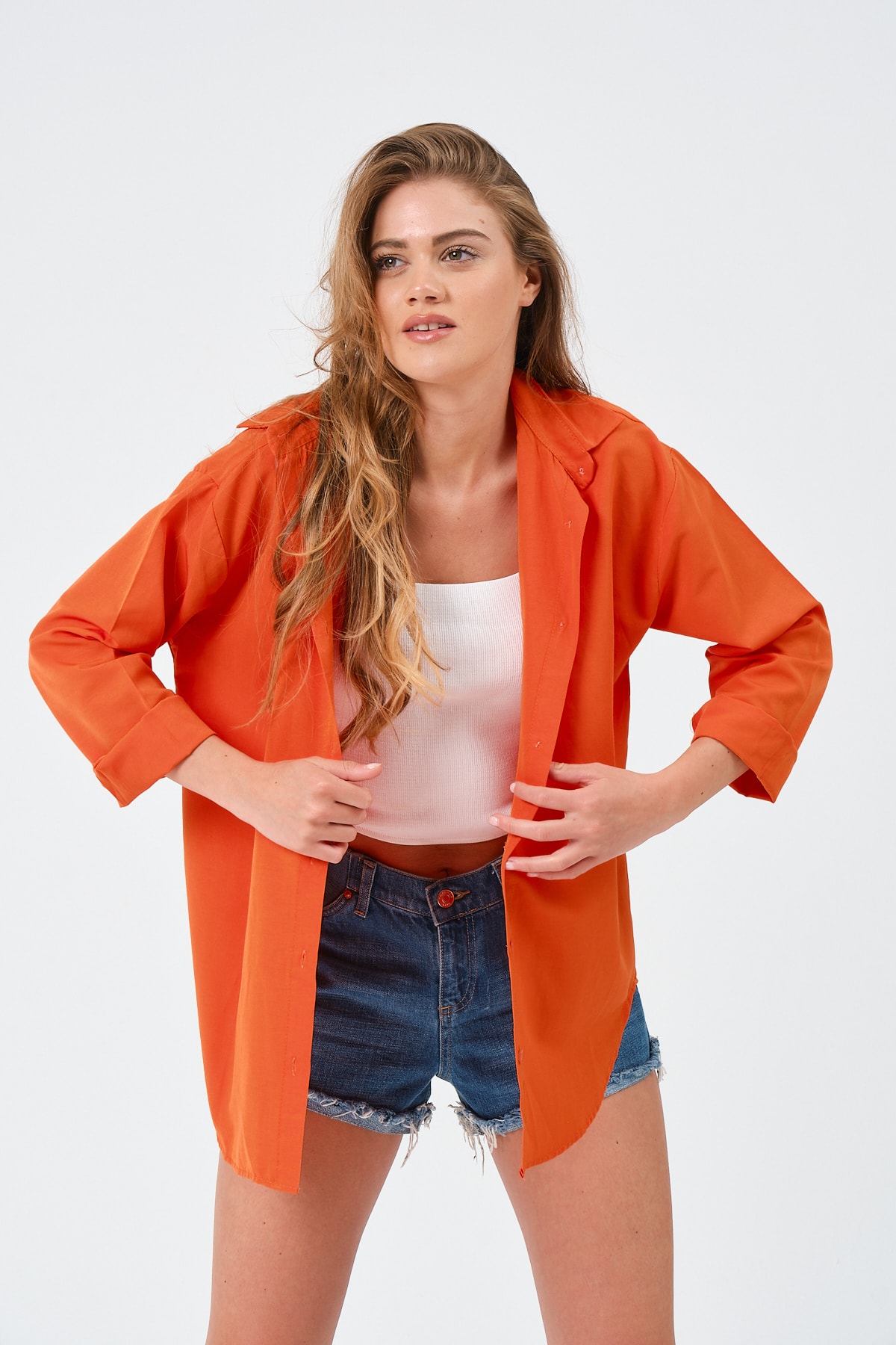 modazoom  Kadın Turuncu Oversize Uzun Basic Gömlek - Görsel 6