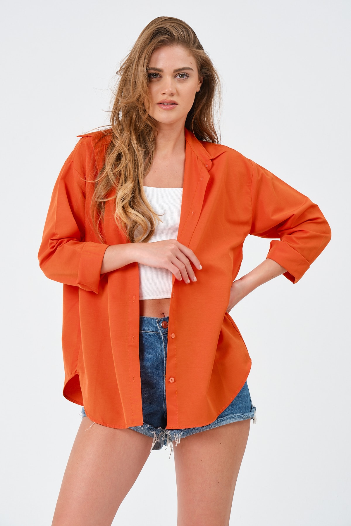 modazoom  Kadın Turuncu Oversize Uzun Basic Gömlek - Görsel 7