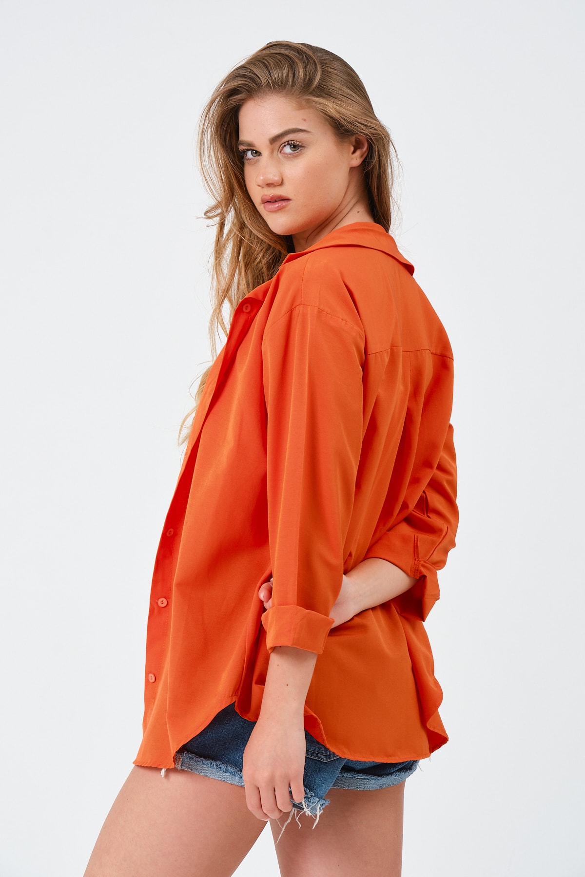 modazoom  Kadın Turuncu Oversize Uzun Basic Gömlek - Görsel 8
